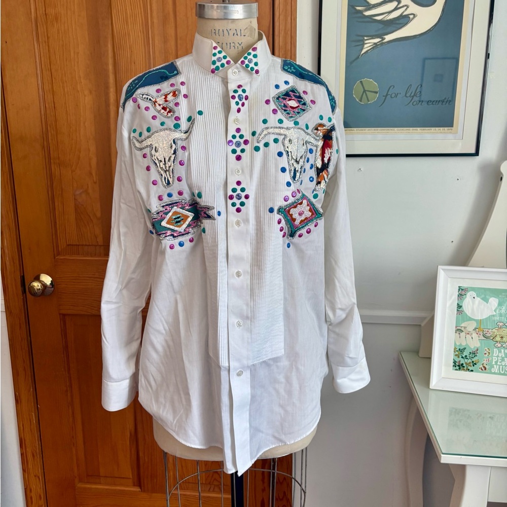Embellished SouthWestern Style white tuxedo shirt!!